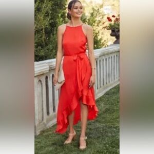 Vibrant Red/Coral High-Low Ruffle Dress